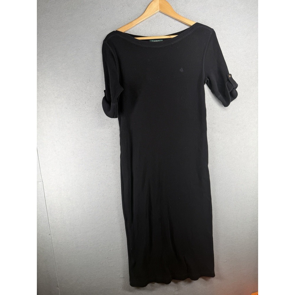 Lauren Ralph Lauren Petite black ribbed-knit Midi Dress Sz P/M Button Sleeve